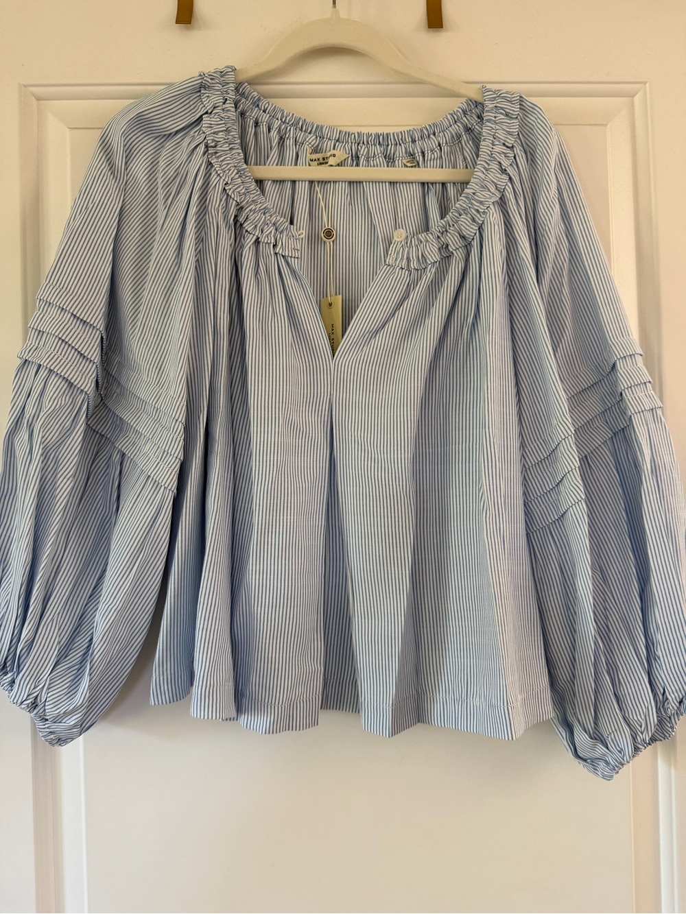 Max Studio Light Blue and White Striped Peasant Blouse